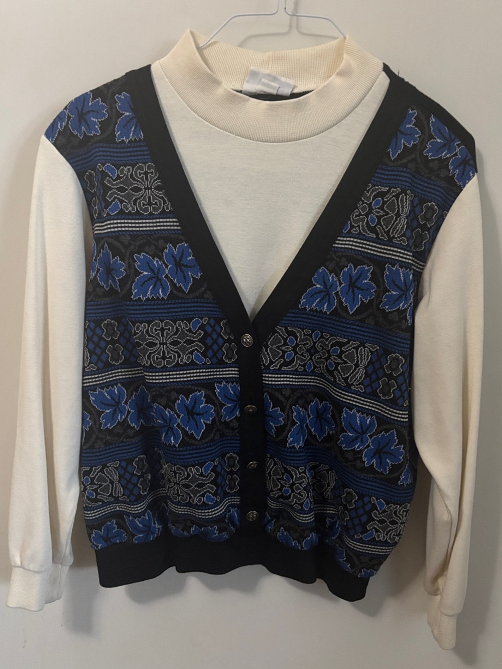 Vintage Cream Mock Neck Sweater with Black Floral Knit Vest Alfred Dunner